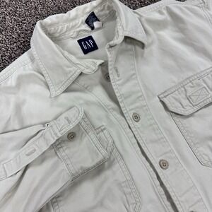 Vtg Gap Men Button Up Cotton Heavy Shacket Shirt Jacket‎ Khaki Large Pockets